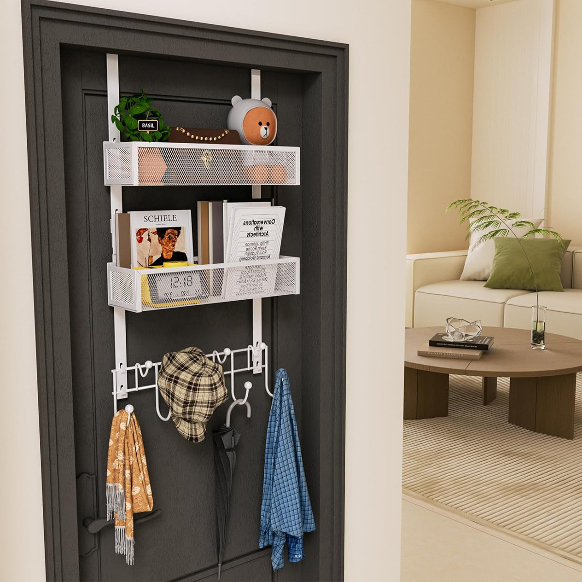 Over The Door Organizer With 9 Hooks And 2 Storage Baskets, Rustproof Stainless Steel Door Hanger For Bathroom, Kitchen, Bedroom, And Living Room